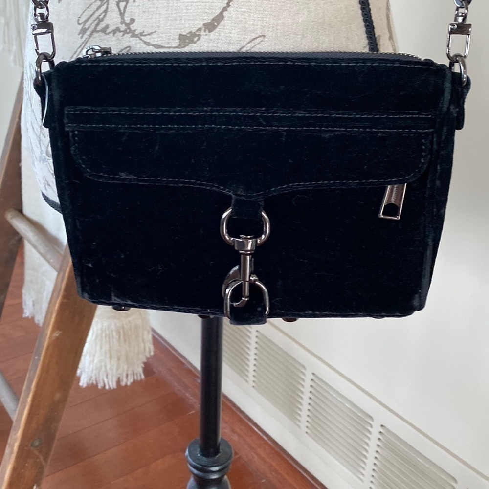 Rebecca Minkoff crossbody bag in a beautiful black velvet and silver.